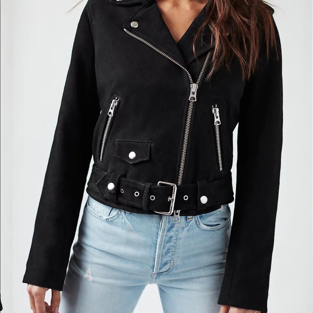 Wilfred Free Aritzia Lennon black genuine leather suede motorcycle belted jacket